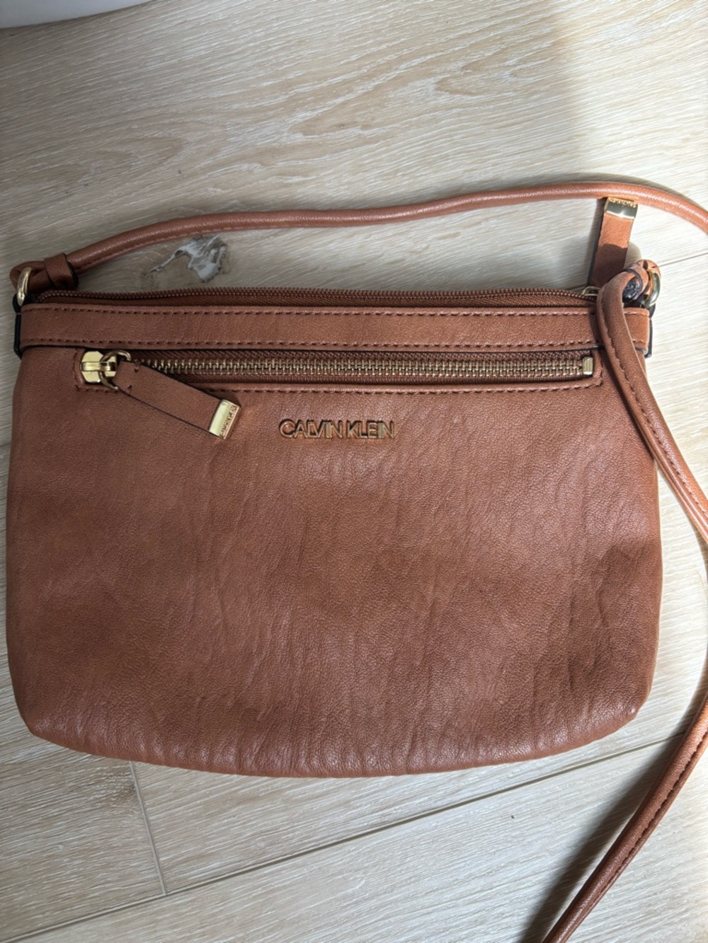 Calvin Klein Tan Leather Crossbody with Gold Hardware
